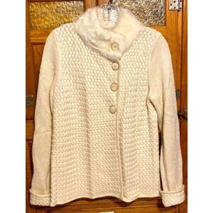 Jones New York Womens Faux Fur Collar Button Sweater Cardigan S Ivory Acrylic Wo